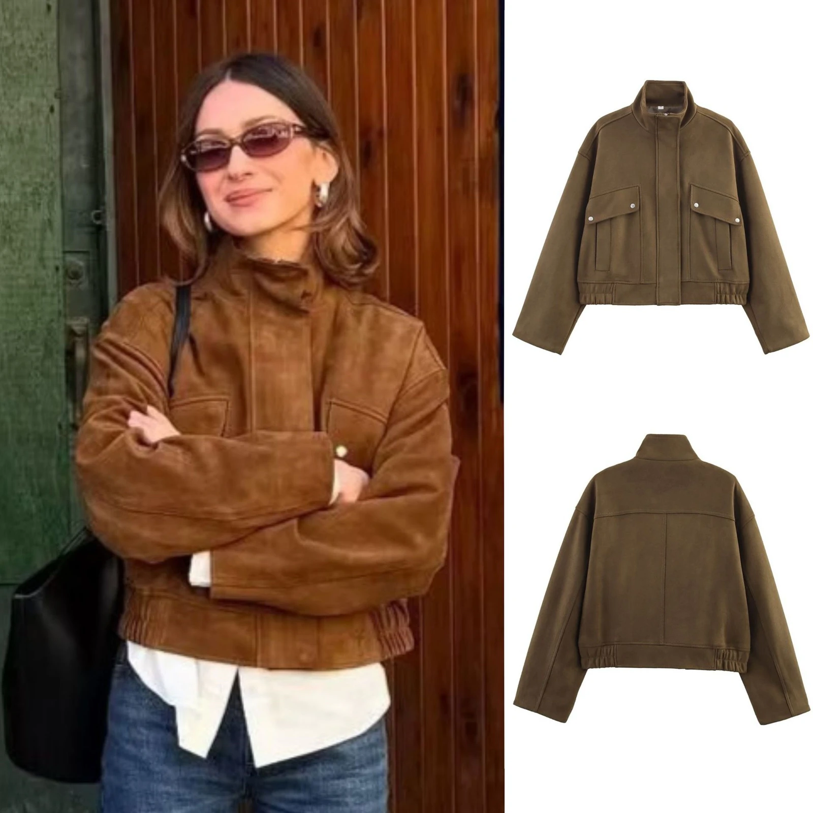 

Women's Casual Blazer Jacket Loose Fit Vintage Style Faux Suede Coat Zip Detail Stand Collar Short Cropped Office Wear Retro