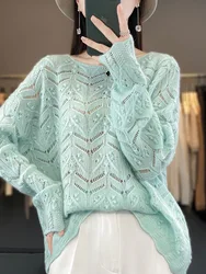 Women's Hollow Out Long Sleeve Knitted Sweater, O-Neck, Loose Casual Pullover, 100% Cashmere Tops, Spring and Autumn Fashion