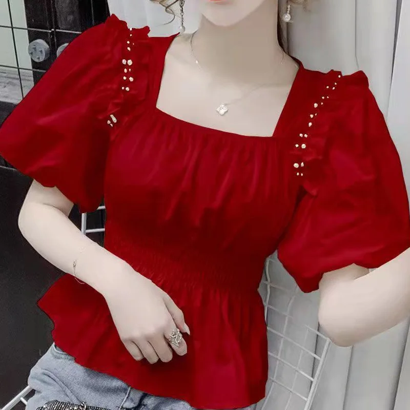 Ruffles Short Blouse Summer New Short Sleeve Pleated Elegant Solid All-match Youth Shirt Tops Temperament Elegant Women Clothing