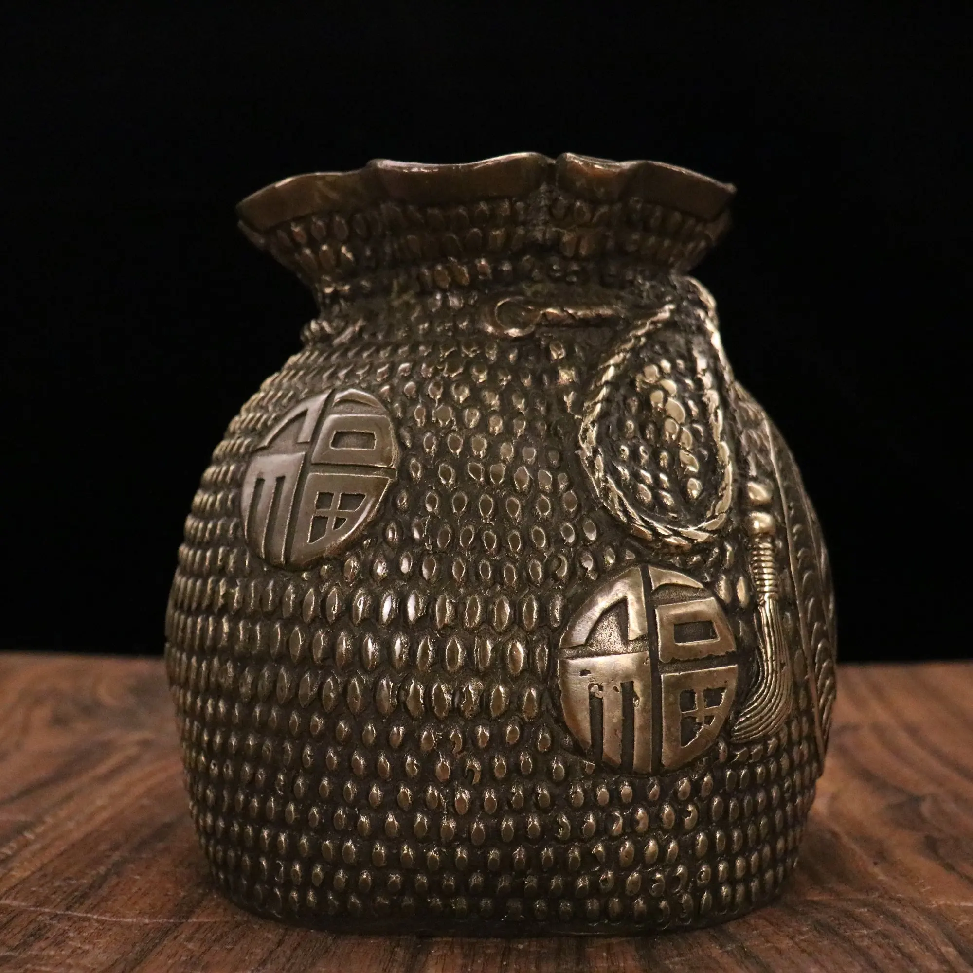 8"Old Xizang Folk Collection Old Bronze Brass Patina lucky bag money bag Treasure Bag Gather fortune Town house Exorcism view 4