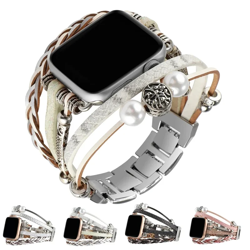 

Ремешок для Apple Watch серии 10, 9, 8, 7, 6 SE54, орнаментная цепочка для iWatch, модный жемчужный браслет, тканая застежка на запястье