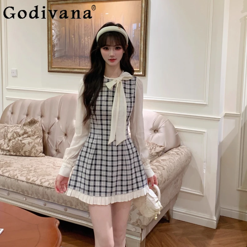 

Elegant Bow Tie High End Dress Women's Black and White Plaid Long Sleeve Dress Female Japanese Style A Line Lolita Dress