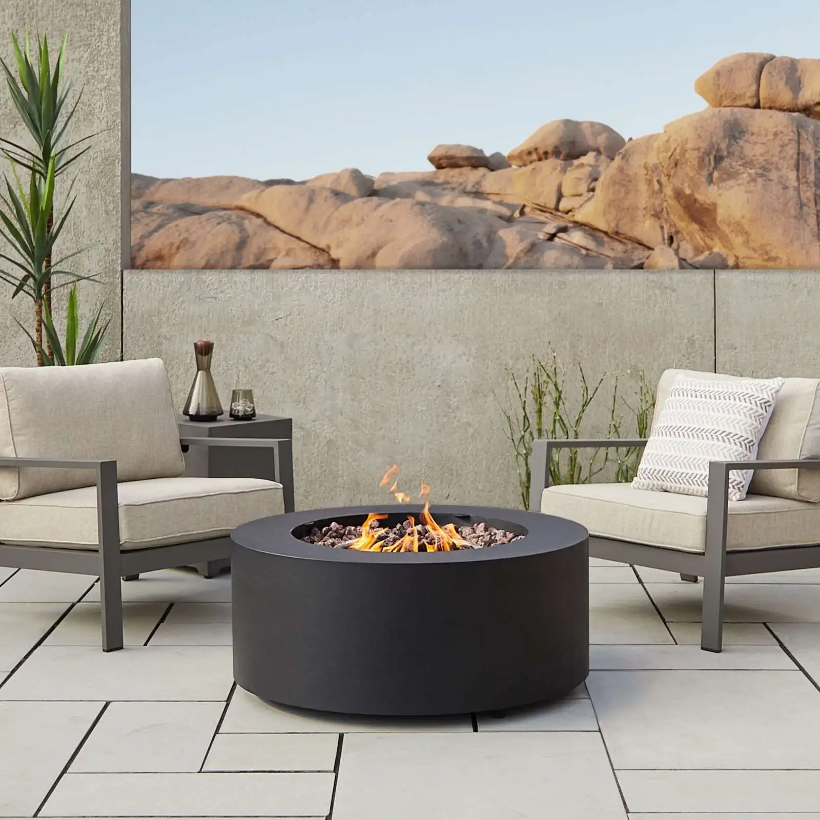 AJUNION 36 Inch Round Steel Fire Pit Table Outdoor Propane Fire Pit Smokeless Gas Fire Pit