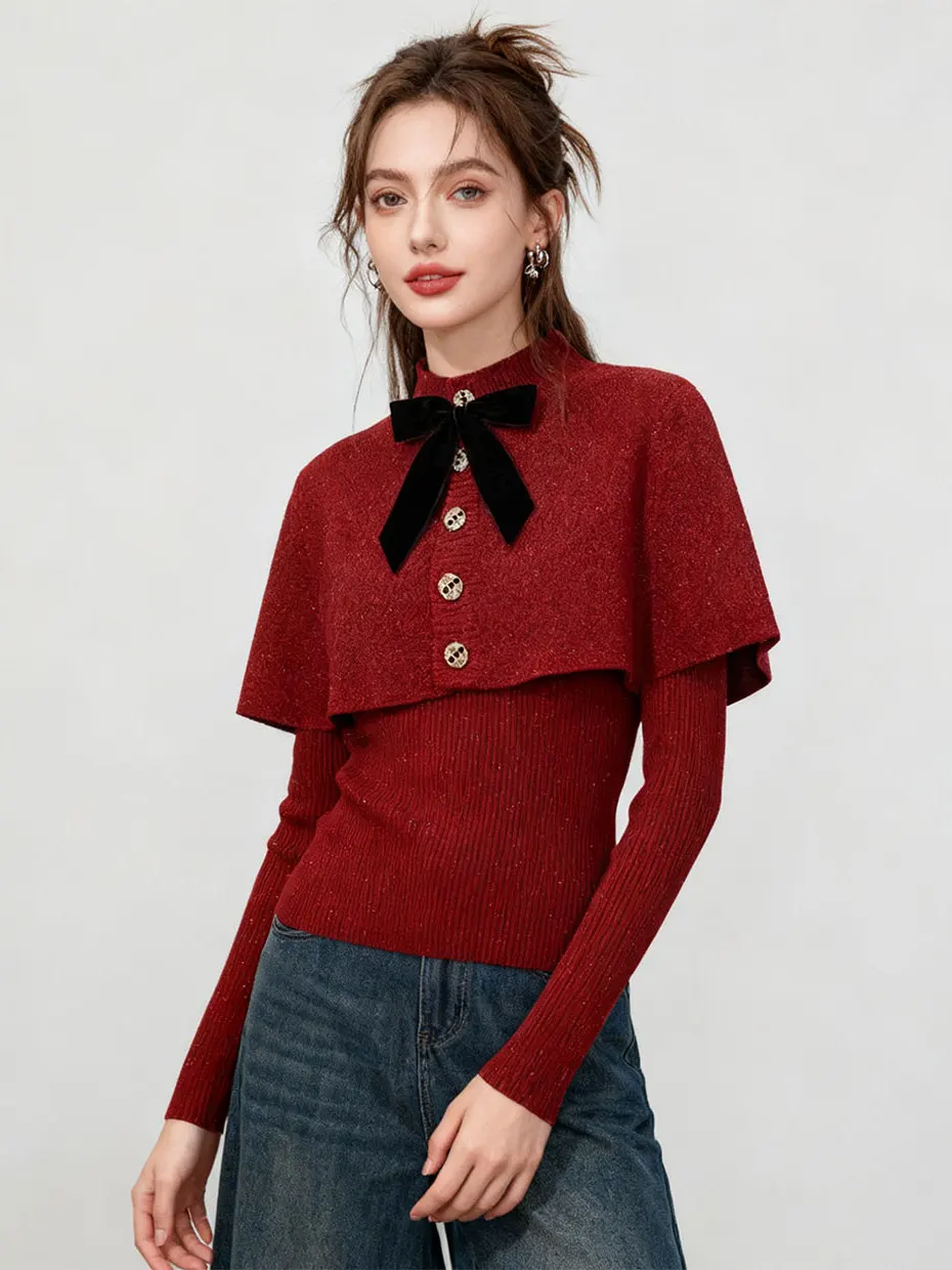

Red High Collar Knitted Sweater Women's Autumn Winter Stand Collar Knot Cloak Two Piece Set Top Base Shirt New Year