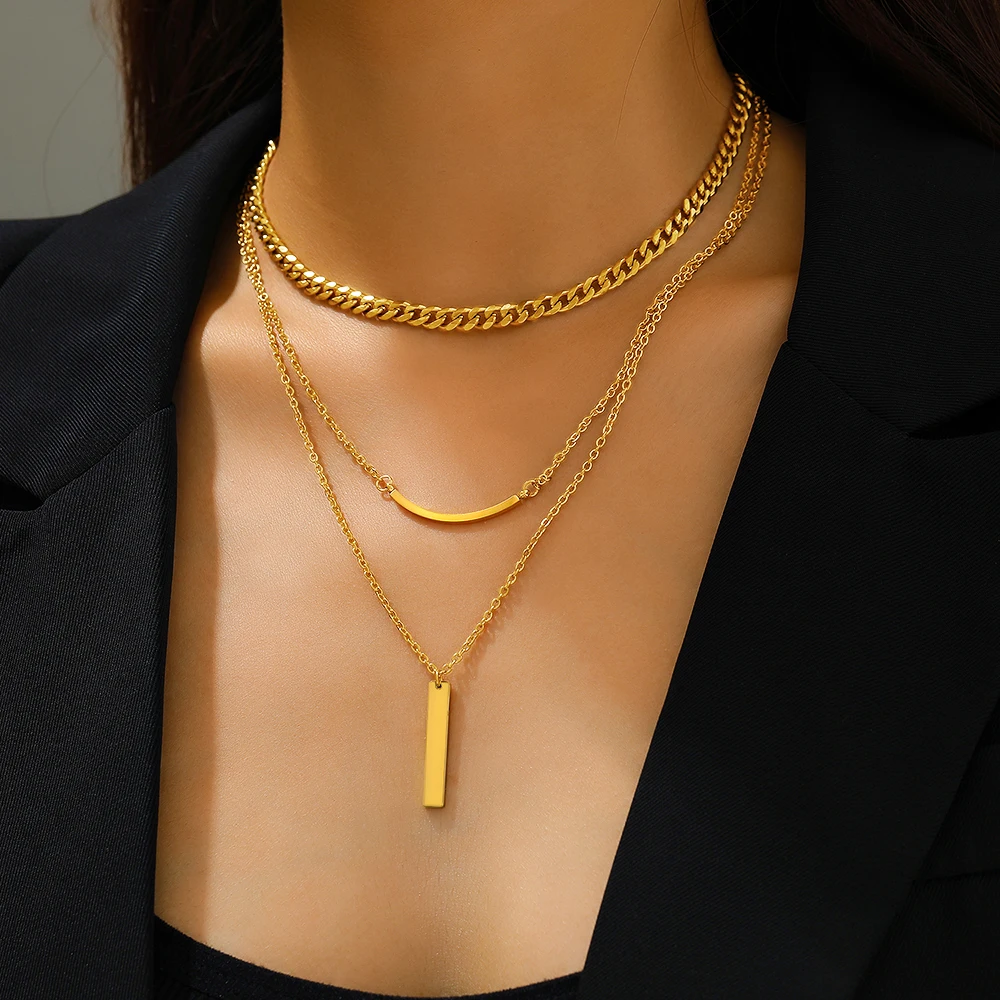 Stainless Steel Necklaces Geometry Rectangle Pendant Choker Multilayer Thick Chain Streetwear Gothic Necklace For Women Jewelry