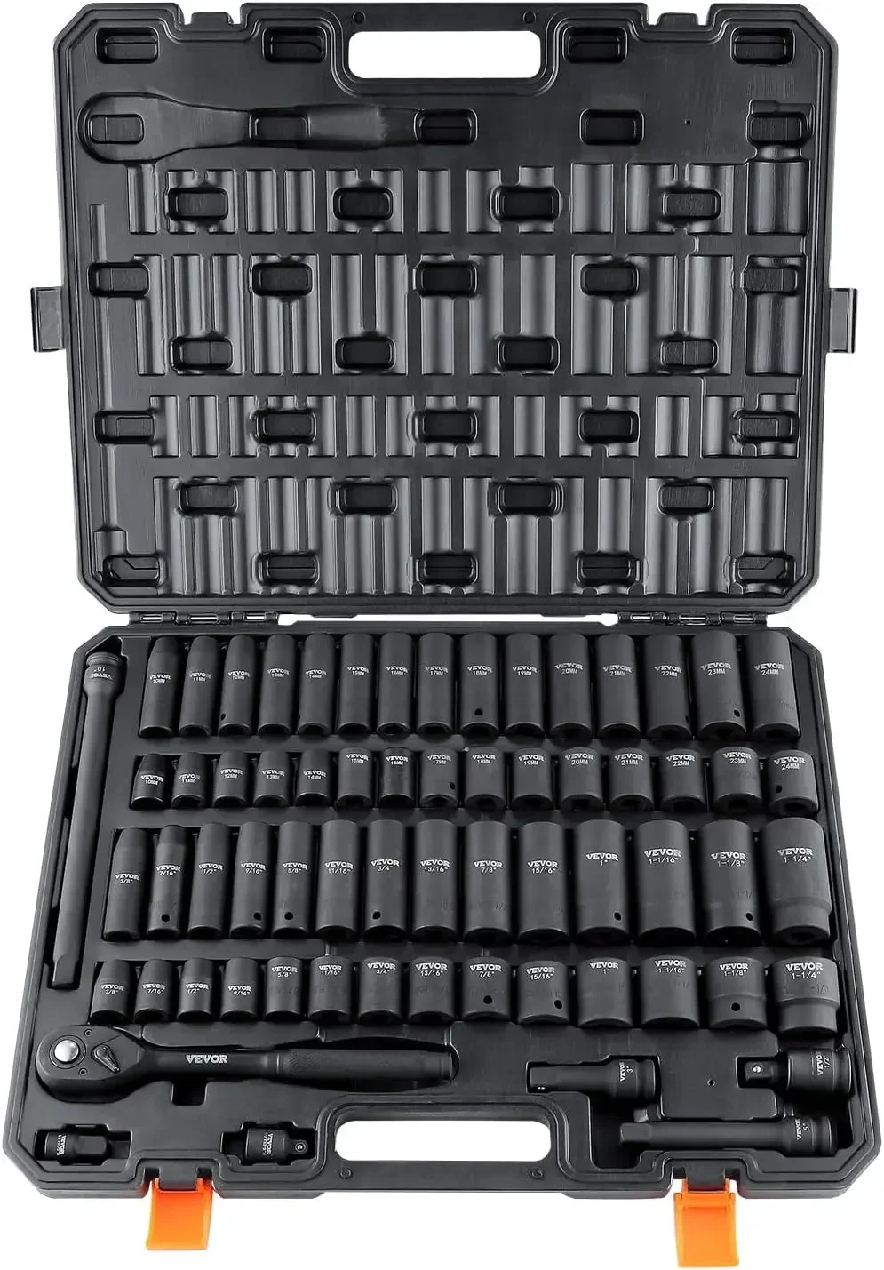 

VEVOR 1/2" Drive Impact Socket Set, 65 Piece SAE 3/8" to 1-1/4" and Metric 10-24mm, 6 Point Cr-V Alloy Steel,Read Size Markings