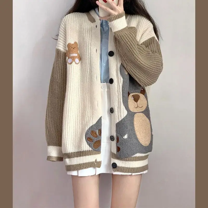 Design Sense Niche Cute Teddy Bear Knitted Cardigan Sweater Women's Loose and Age Reducing Retro Lazy Jacket