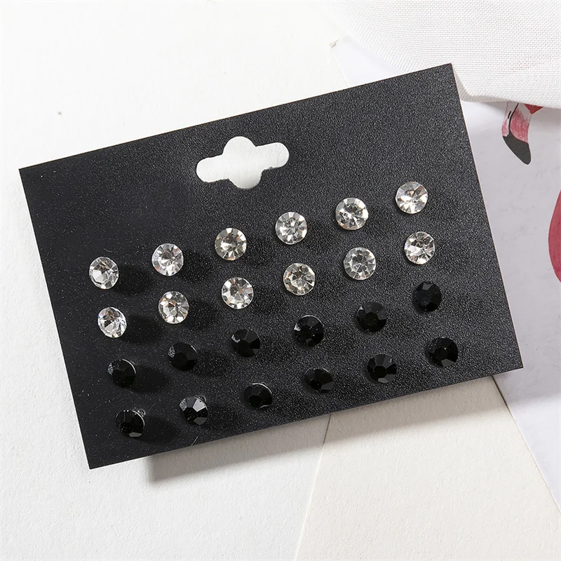 New 12Pair/Lot White Colorful Shiny Rhinestone Wedding Stud Earrings Set For Women Men Crystal Earrings Jewelry Accessories