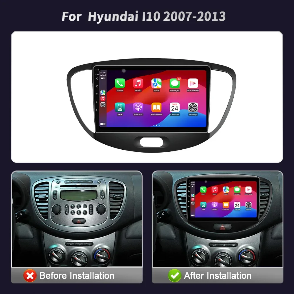 Reprodutor multimídia de rádio do carro para hyundai i10 2007-2013 android bluetooth sem fio carplay tela de toque estéreo