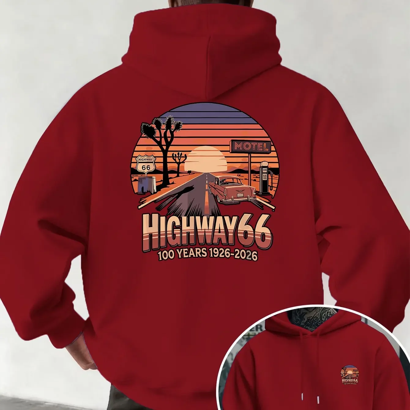 Highway 66 Centennial Retro Road Trip Double Print Unisex Oversized Biker Travel Hobby Birthday Gift Fleece Hoodie