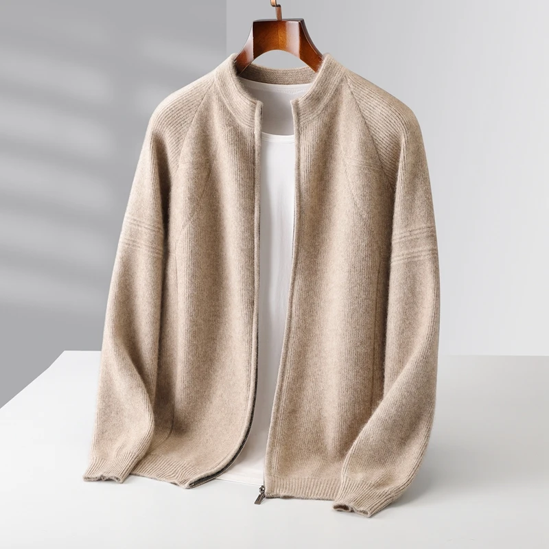 Winter 100% Wool Men's Half-High-Necked Shoulder Cardigan Coat Padded Cashmere Knit Coat