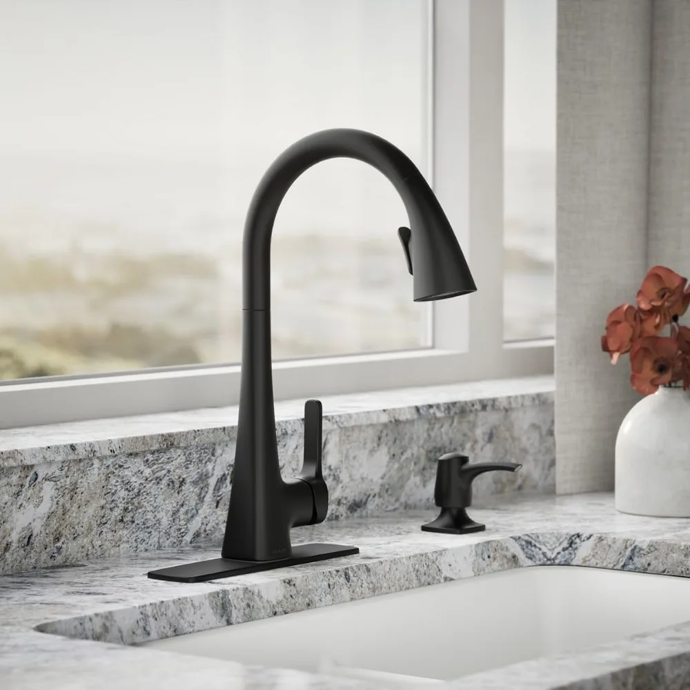 Kohler Maxton Torneira de cozinha removível preta fosca com dispensador de sabonete e pulverizador