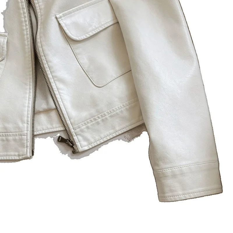Casual PU Short Leather Jacket Spring Fashion Neckline with Button Zippers Jacket Pockets Spliced Tops White Black Women Coat
