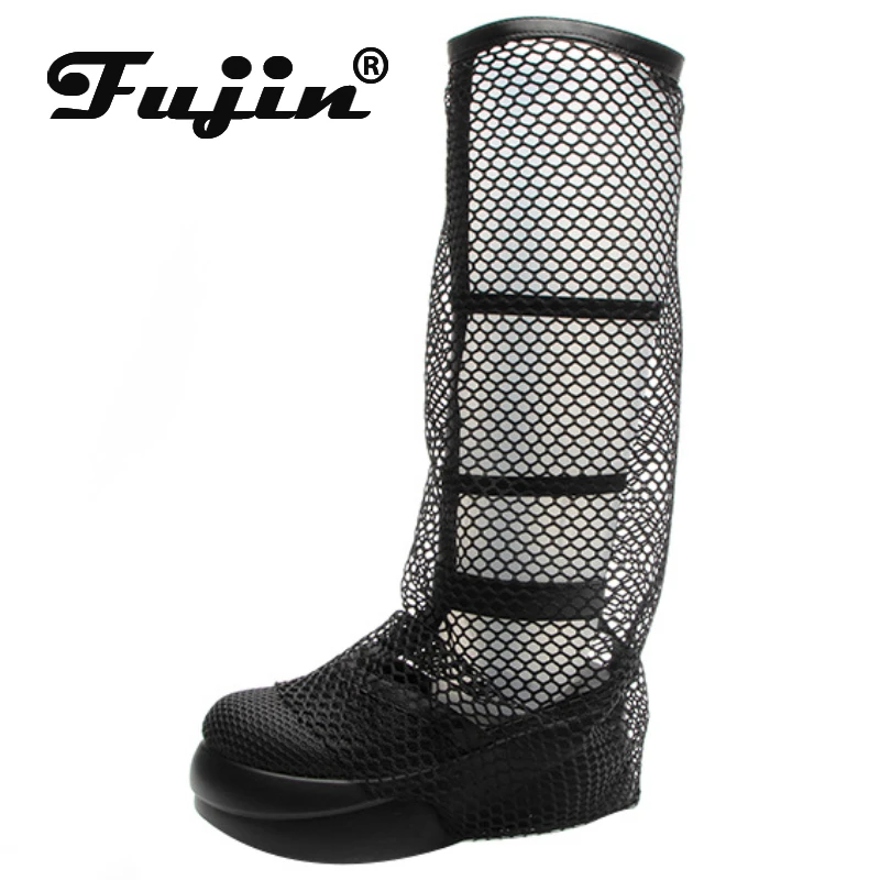 Fujin 6cm Air Mesh Sandals Women Knee High Boots Thick Heels Round Toe ZIP Summer Hollow Platform Wedge Fashion Breathable Shoes