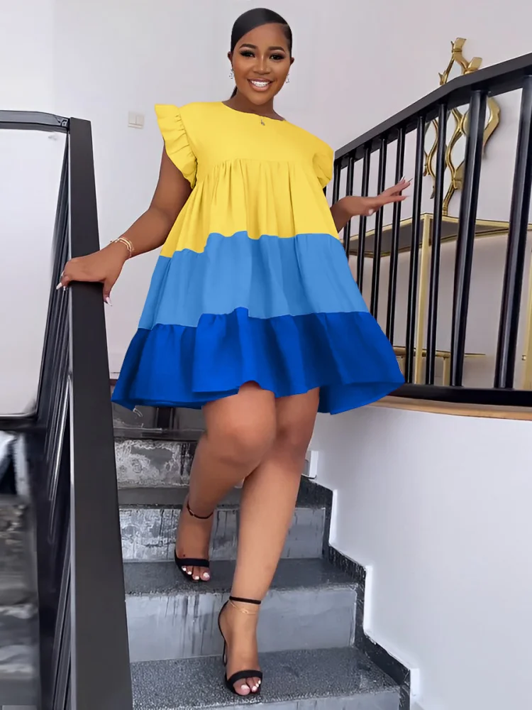 Sister Star Women's Spring and Summer Comfortable Casual Round Neck Ruffled Sleeve Color Collision Splicing Hem Loose Dresses