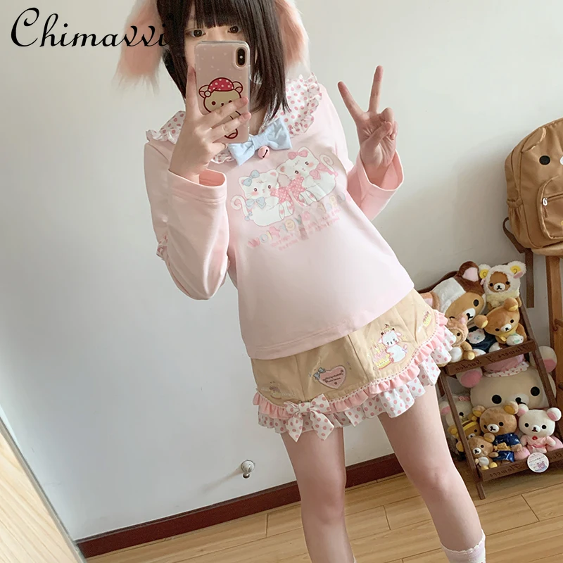Sweet Cartoon Cat Daughter Suit Spring New Cute Girl Loose Long-sleeved Lapel Loose Student Kawaii Pullover Sweatshirt Y2k Tops