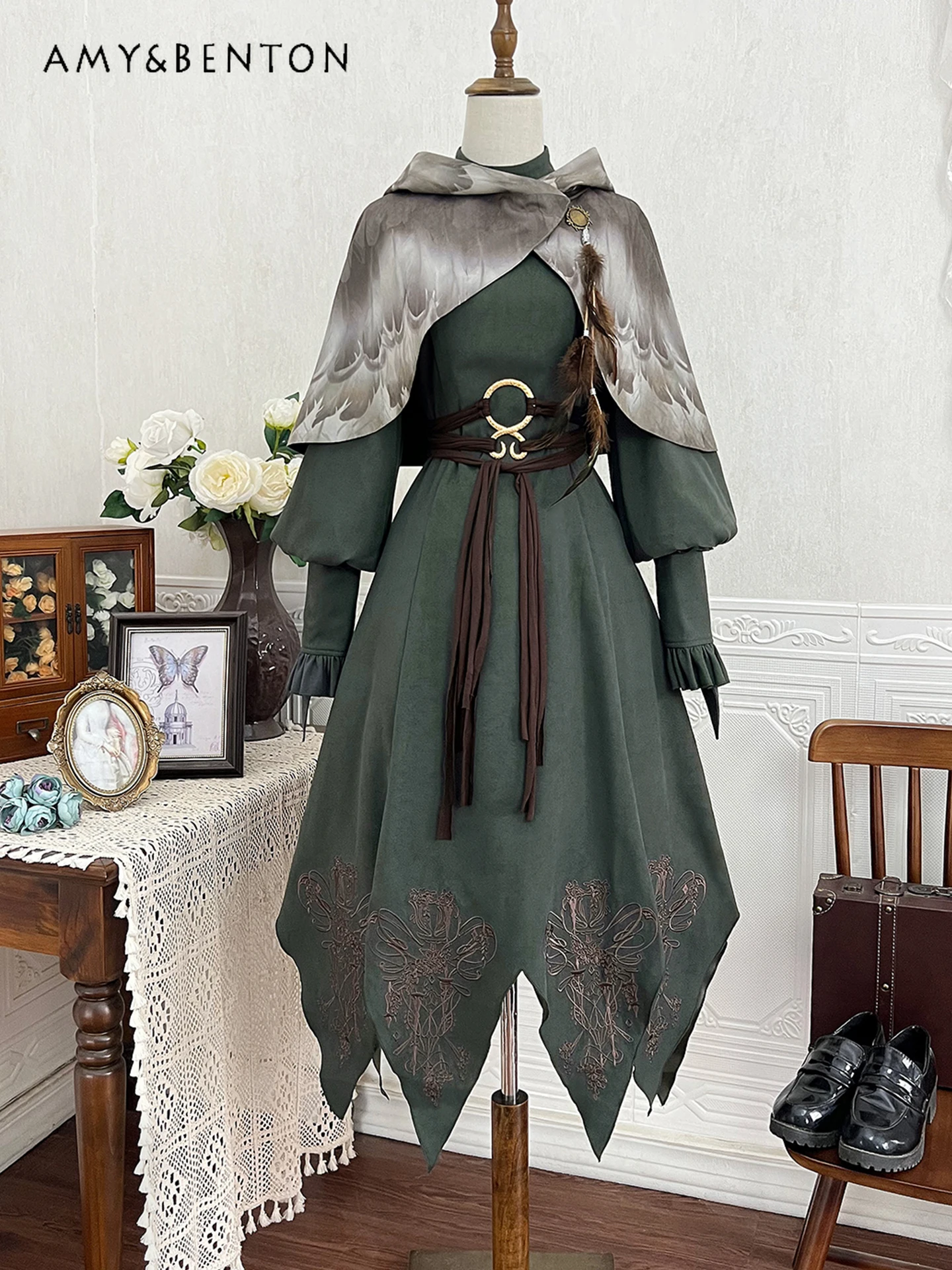 

Original Lolita Cloak OP Dress Sets Women Cosplay Costume Gothic Hooded Cloak Retro Embroidery Belt Slim Irregular Long Dress