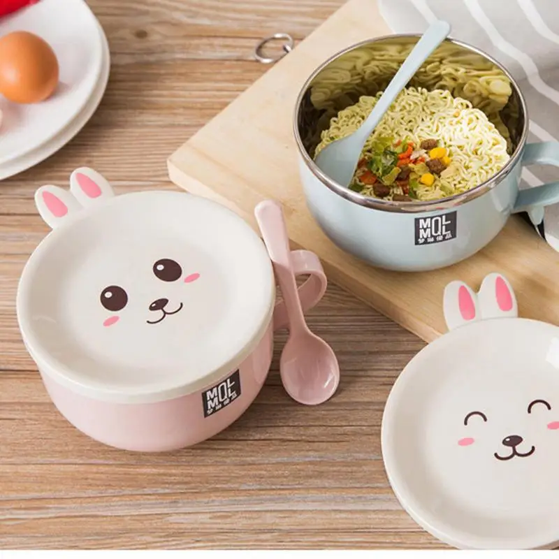 Double-layer Stainless Steel Instant Noodle Bowl With Spoon And Lid, Cartoon Rabbit Ramen Noodle Bowl Soup Bowl Cup Lunch Bowl M