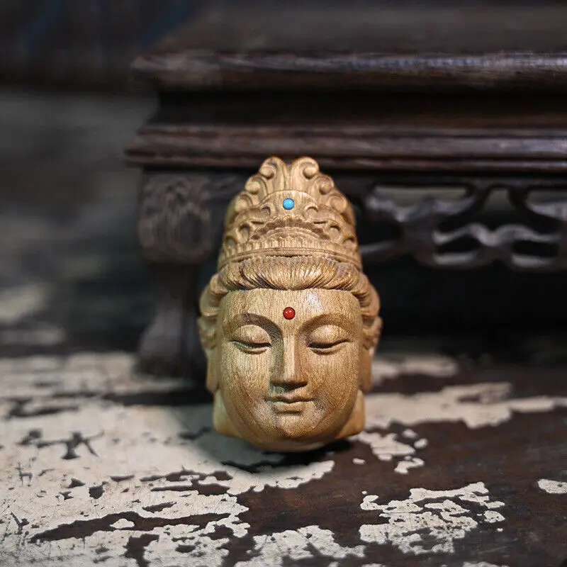 Chinese Exquisite Classic Silk-wood Carved Buddhism Avalokitesvara Guanyin Head Statues