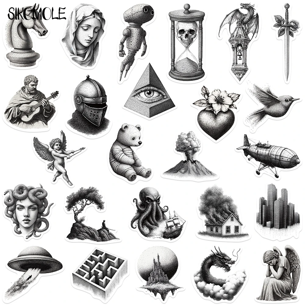 10/30/50PCS Retro Sketch Black And White PVC Stickers Aesthetic Art DIY Decoration Toy Kids Travel Luggage Graffiti Sticker Pack