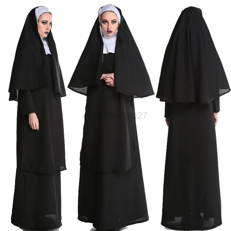 

Nun Sister Habit Costume Halloween Women's Christian Missionary Catholic Cosplay Carnival Fantasia Fancy Dress Balck Long Dress