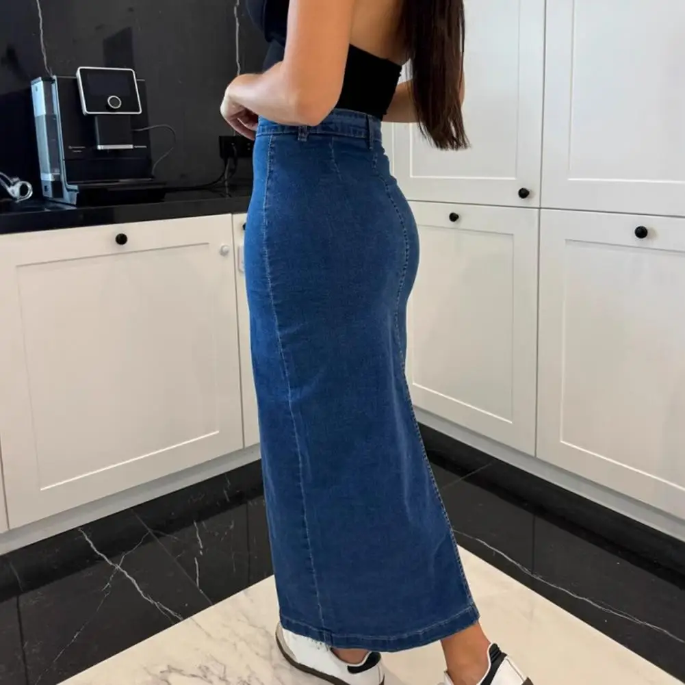 

Solid Color Skirt Stylish Women's Denim Skirt with High Waist Button Placket Irregular Slit Design Solid Color Midi Skirt for A