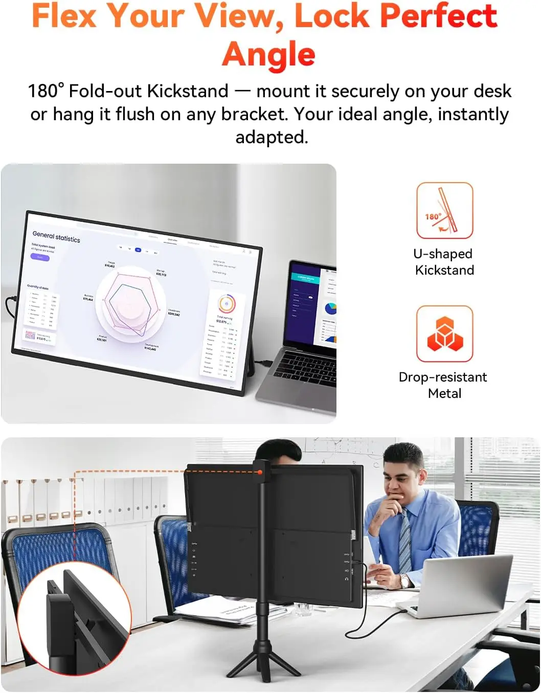UPERFECT 24.5" 165HZ 휴대용 게임 모니터 2560x1440 IPS HDR 대형 디스플레이 180도 조절 스탠드 여행용 세컨드 스크린 HDMI Type C 노트북 스위치 폰 Steamdeck MacBook용