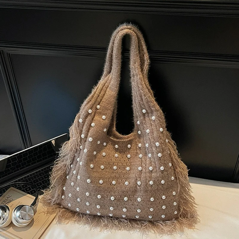 韓国風織りトートバッグ-レディースファッション-ビーズテクスチャ-シンプルショルダーバッグ-大容量ニットクロスボディ通勤バッグ