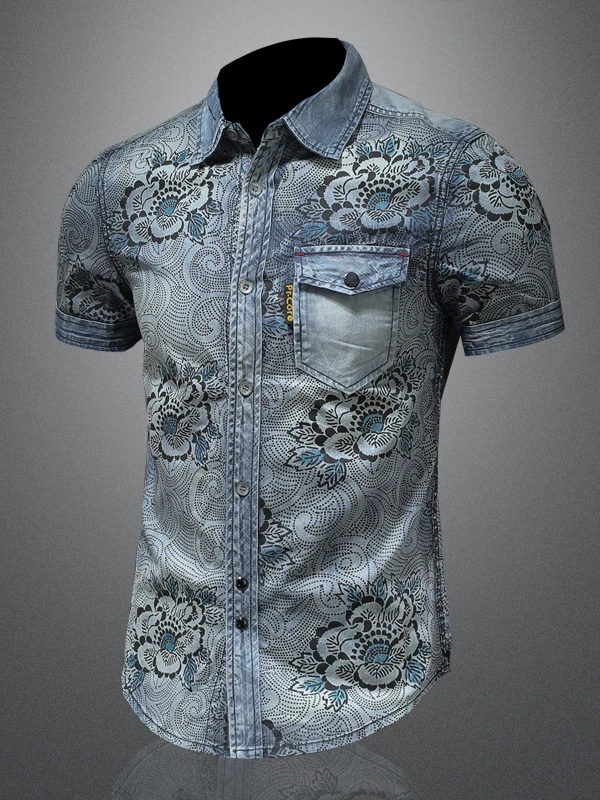 

Ретро-рубашка из денима для мужчин, повседневная, летняя, новая, с принтом, дышащая, из смесового хлопка и полиэстера, китайский бренд