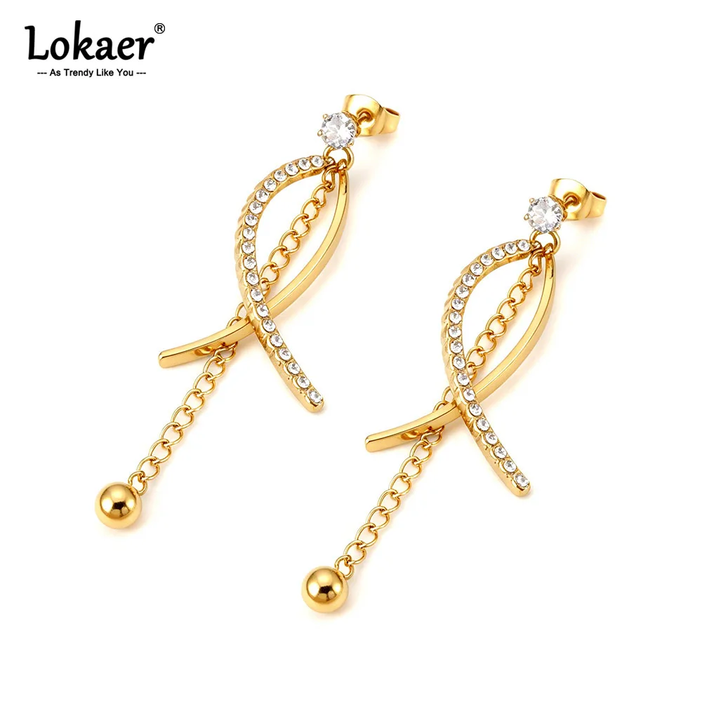 Lokaer Fashion Long Crystal Tassel Earrings For Women Zircon Rotating Twisted Dangle Earrings Stainless Steel Jewelry E26123