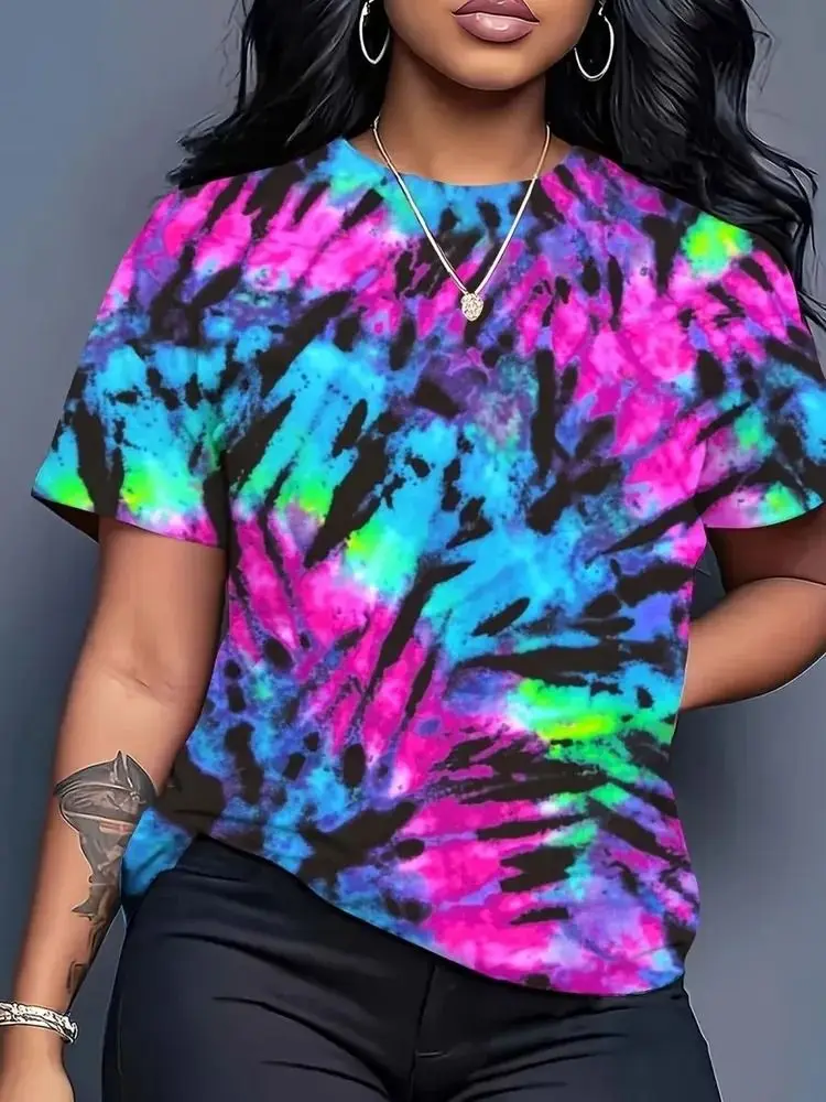 Colorful Tie-dye T-Shirts Abstract Graphic 3D Print Women's Short Sleeve T Shirt Harajuku Y2K Casual Tees Tops Female Clothing