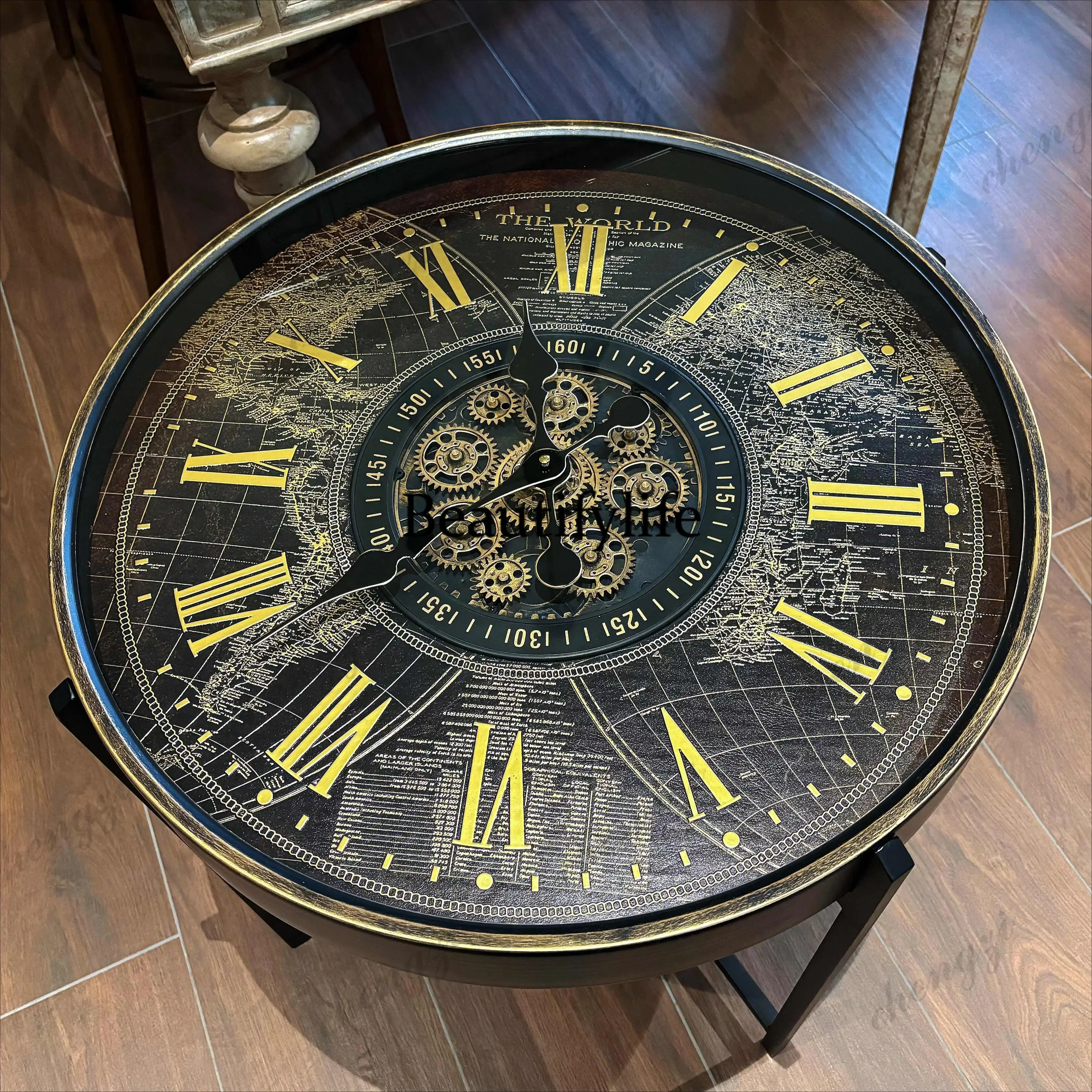 D136 Side table round small coffee table retro high-end sense light luxury design sense American clock gear living room sofa