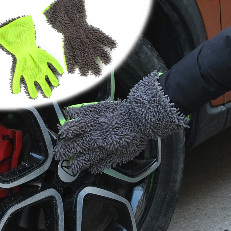 Green-Grey Coral Bugs 5 Finger Car Wash Gloves Double Sided Thickened Without Harming Car Paint Car Cleaning & Detailing Tools