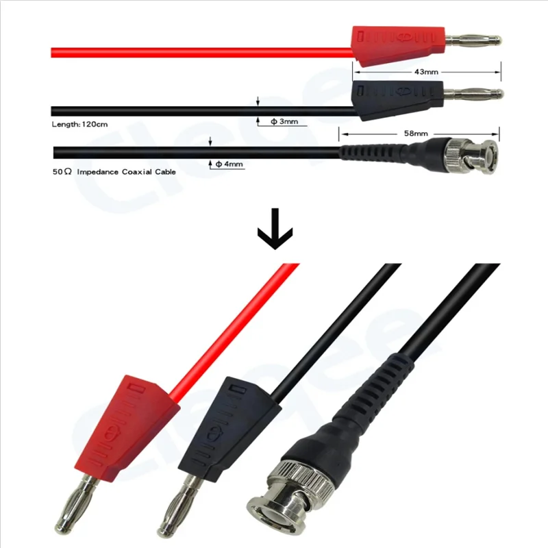 Cleqee P1009 BNC Male to Dual 4mm Banana Plug Stackable Type Test Leads Probe Cable 120CM.
