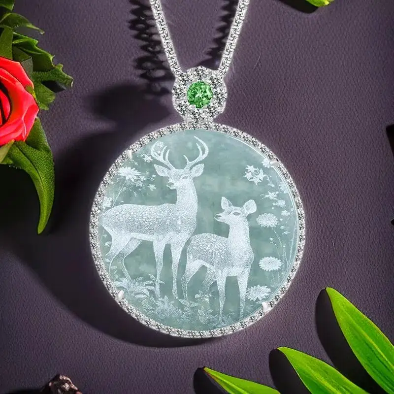 

Blue Myanmar Jadeite Deer Pendant Necklace Natural Jewelry Choker Accessories 925 Silver Real Burmese Jade Designer Gemstone