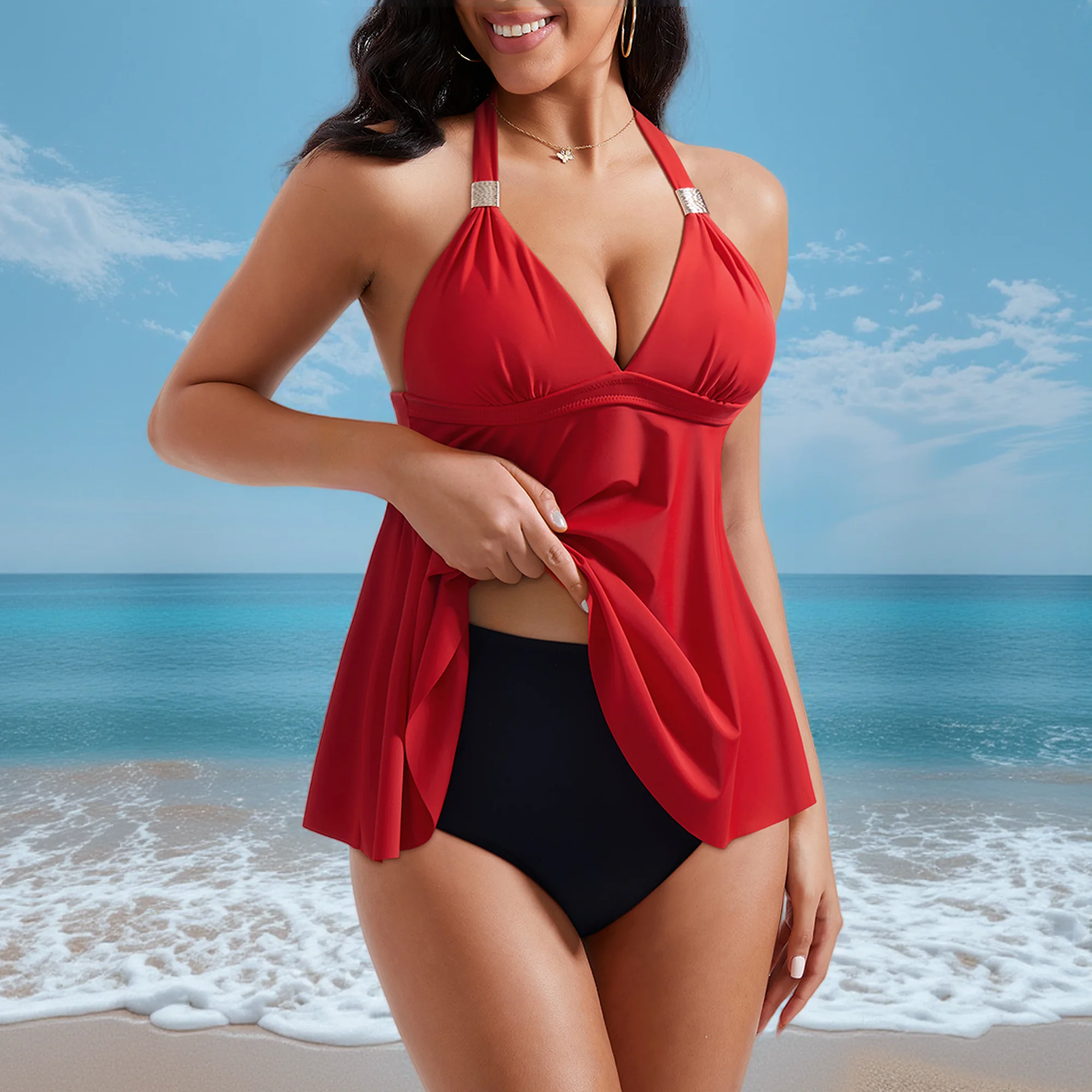 النساء الرسن Tankini المايوه حجم كبير البطن تحكم ملابس السباحة مثير العميق الخامس الرقبة مجموعة البكيني ملابس السباحة لباس سباحة الإناث