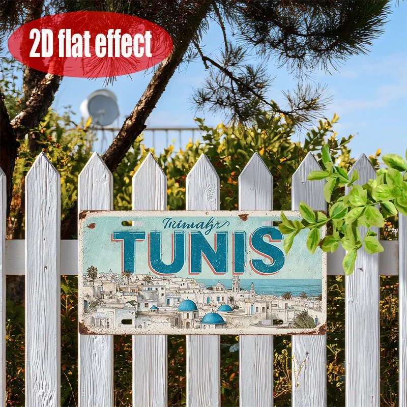 Tunis Tunisia White & Blue Cityscape 2D Flat Printing License Plate Style Metal Tin Sign, North African Travel Themed Decorative