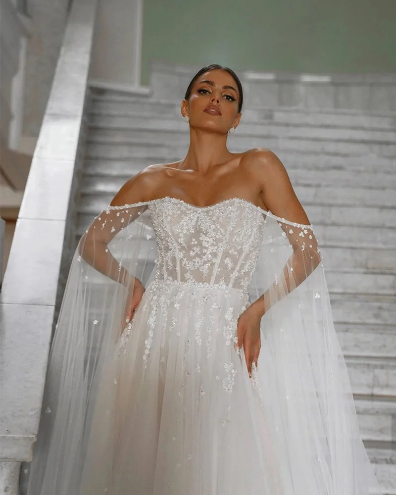 Vestido de noiva Shinny Sweetheart, Fora do ombro, Apliques de tule vestidos de noiva longos, 2024