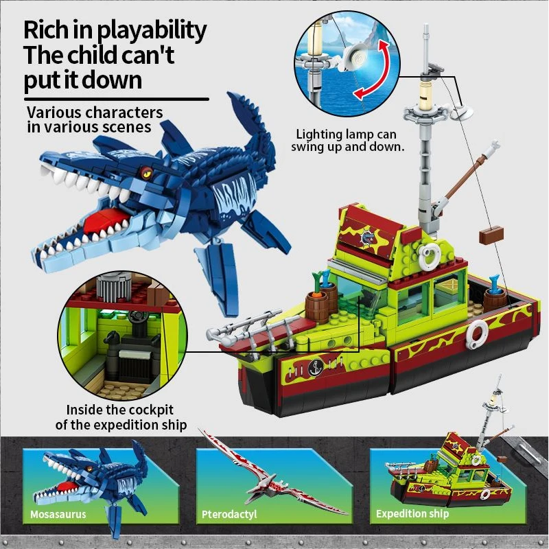 Ideas Cretive Dinosaur Ship Building Block MOC Escape Mosasaurus Ocean Exploration Model Bricks Assembly Toys Gift For Childrens