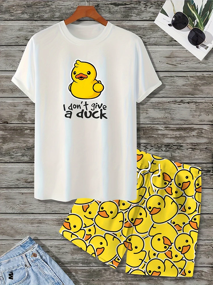 Men\'s Casual Outfit Set Yellow Duck Print Men\'s T-shirt & Beach Shorts Set Summer Short-sleeved Street Fashion Sports Shorts