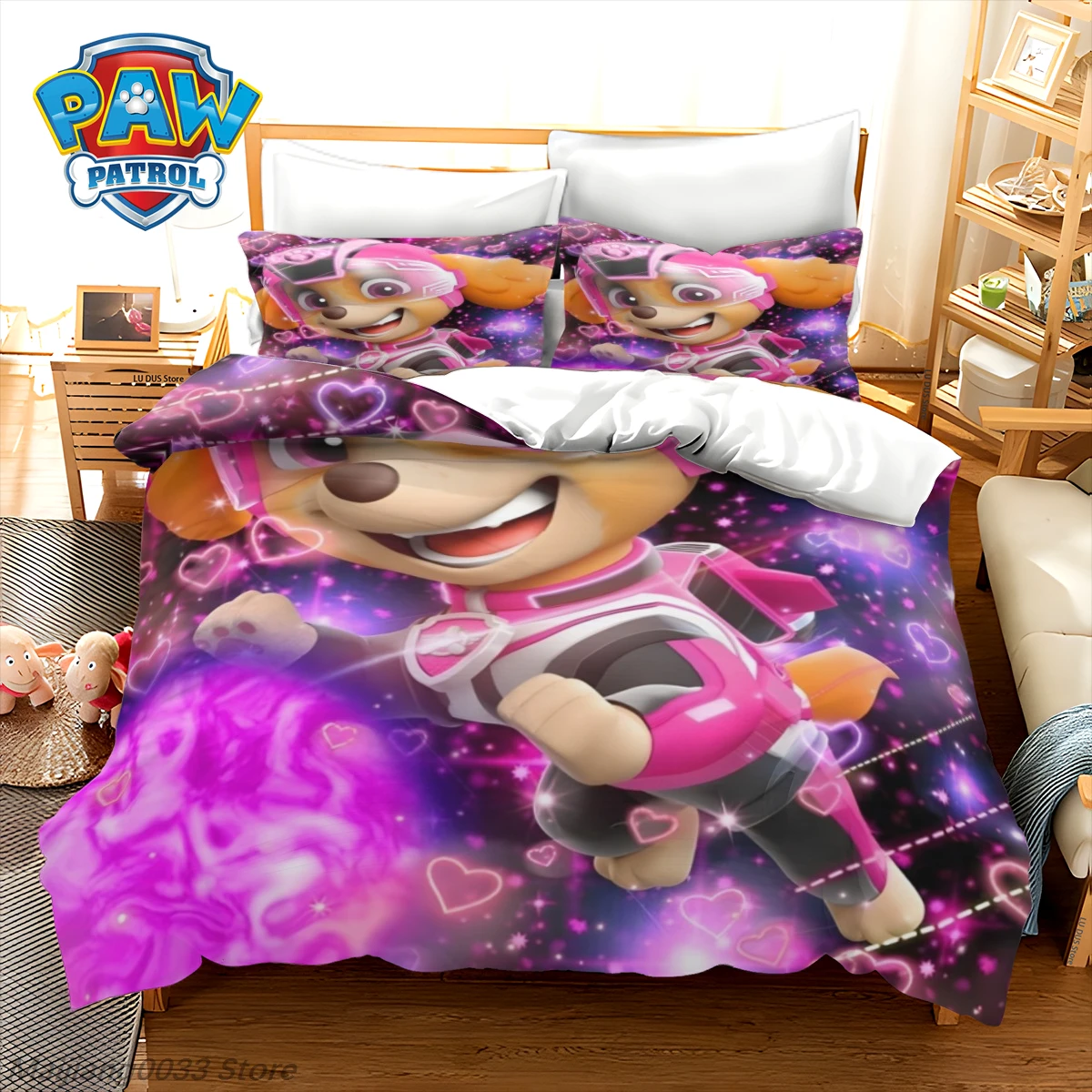 

PAW Patrol Skye Purple Starry 3pc Bedding Set, Girls Kids Heart Duvet Cover Set with 2 Pillowcases, Cartoon Quilt Cover, No Shee