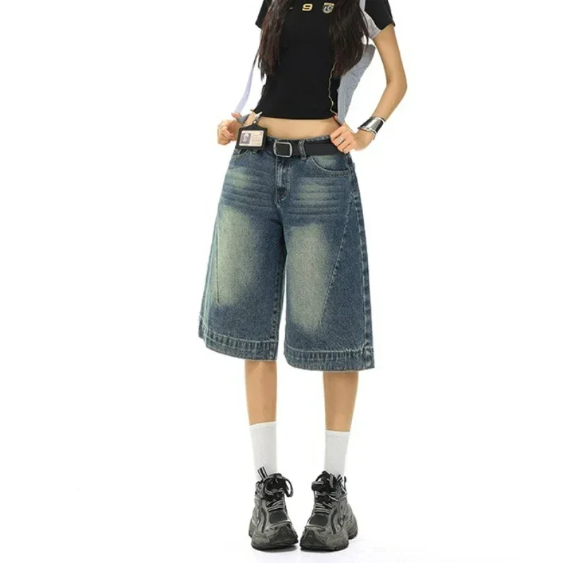 

Американский стиль, винтажные свободные широкие брюки с низкой талией, тонкие прямые джинсы-трубы, модные шорты, женские летние новые стильные потертые джинсовые шорты