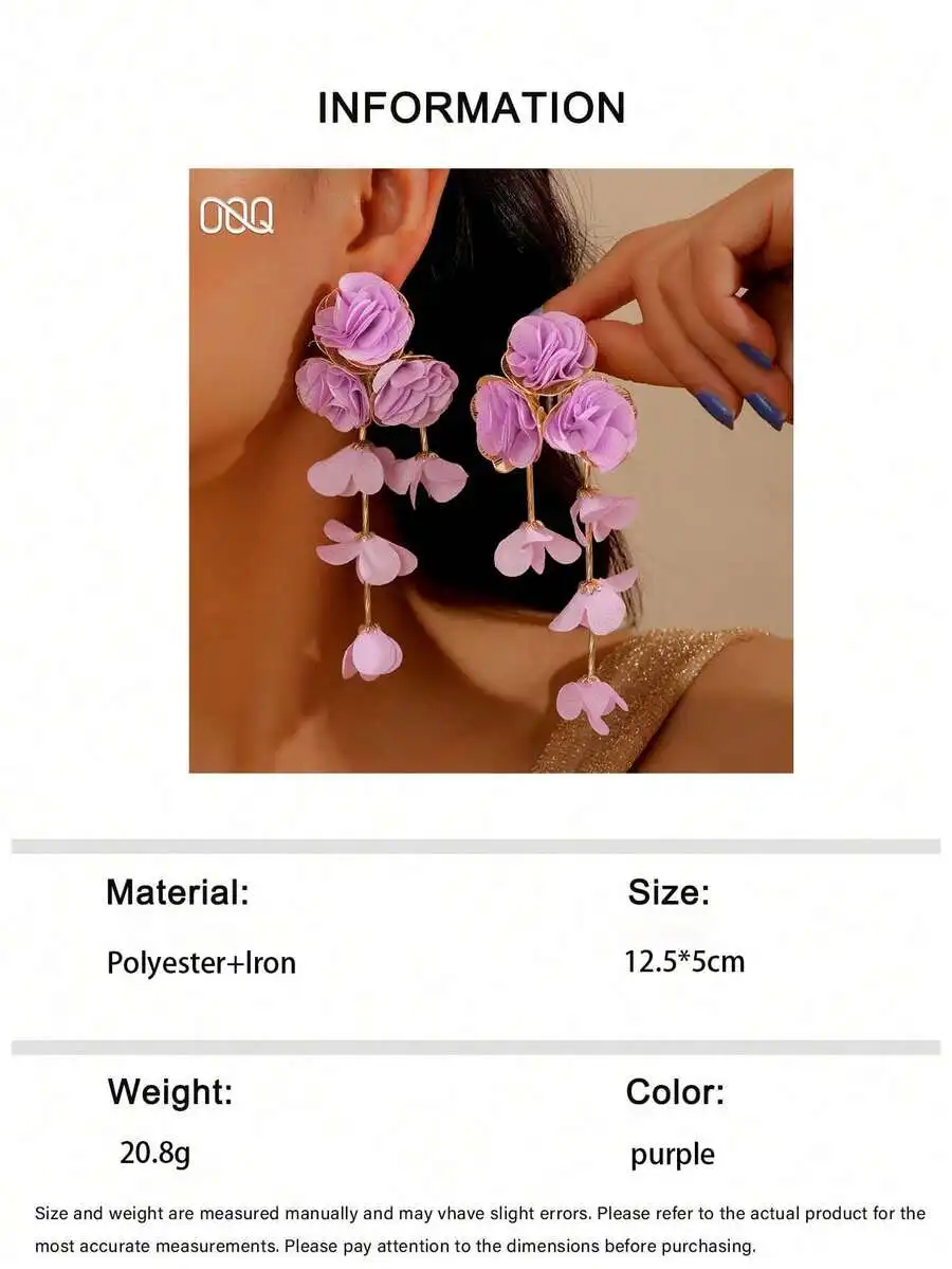 

Purple Chiffon Flower Tassel Earrings Bohemian Style For Women Summer Vacation Party Wear
