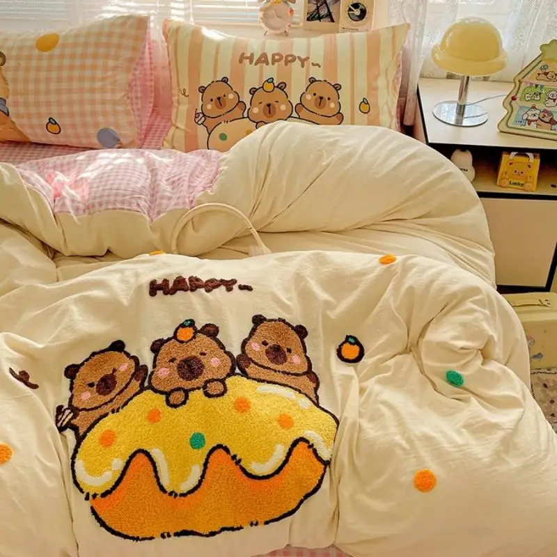 3/4Pcs Bedding Set Cute Cartoon Embroidered  Cotton Towel Student Complete Teen Bedrooms For Home Flat Bed Sheet Four-Season