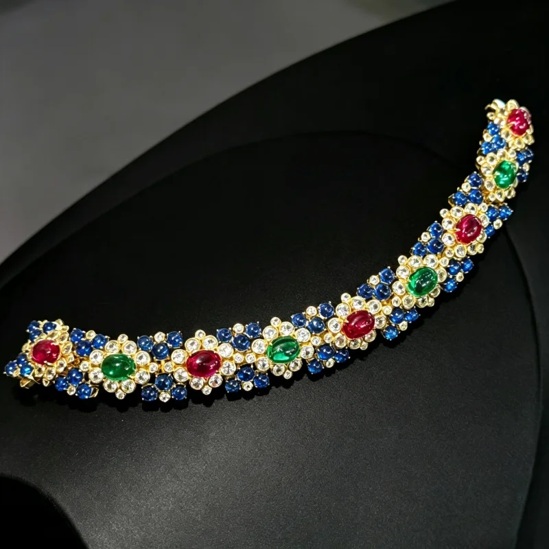 Bellux lab grown emerald 925 silver plated gold courtly style fine jewelry in red green and blue exquisite luxury bracelet