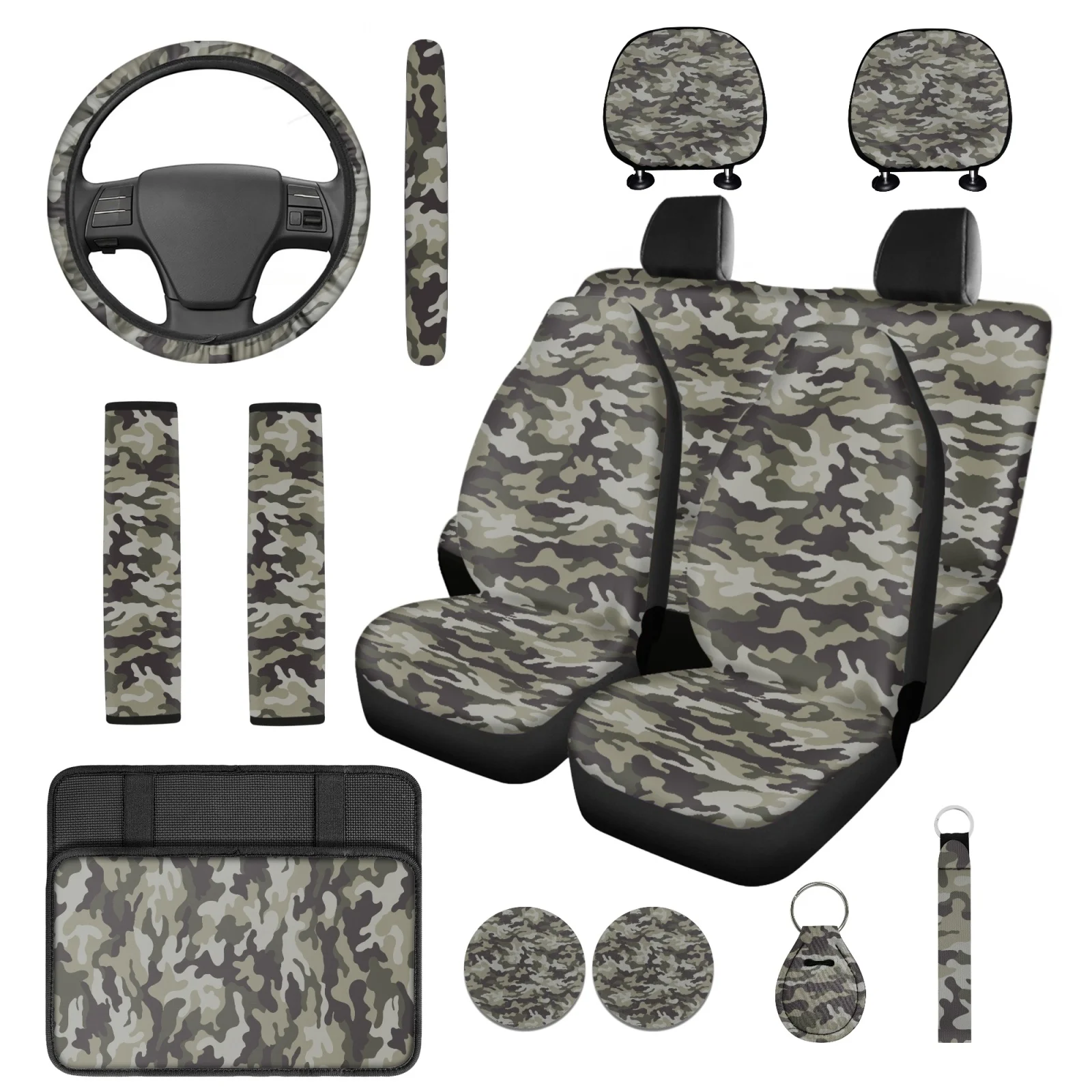 Coloranimal Camouflage 14 Pcs Car Seat Covers Full Set Long Lasting Elastic Seats Covers for Car Compatible with Cars Auto