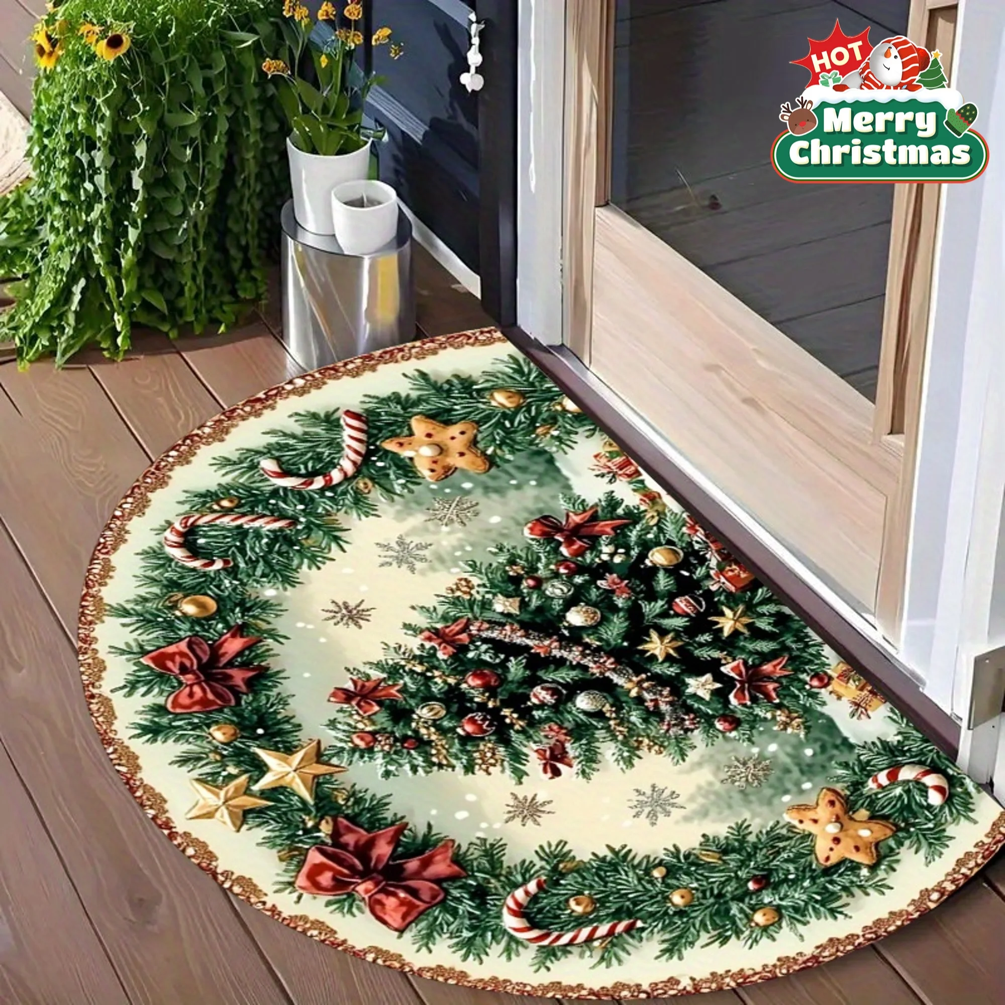 Felpudo semicircular con tema navideño de VIKAMA, alfombras decorativas festivas con lazo de pino para entrada, sala de estar, decoración del hogar estilo Ins