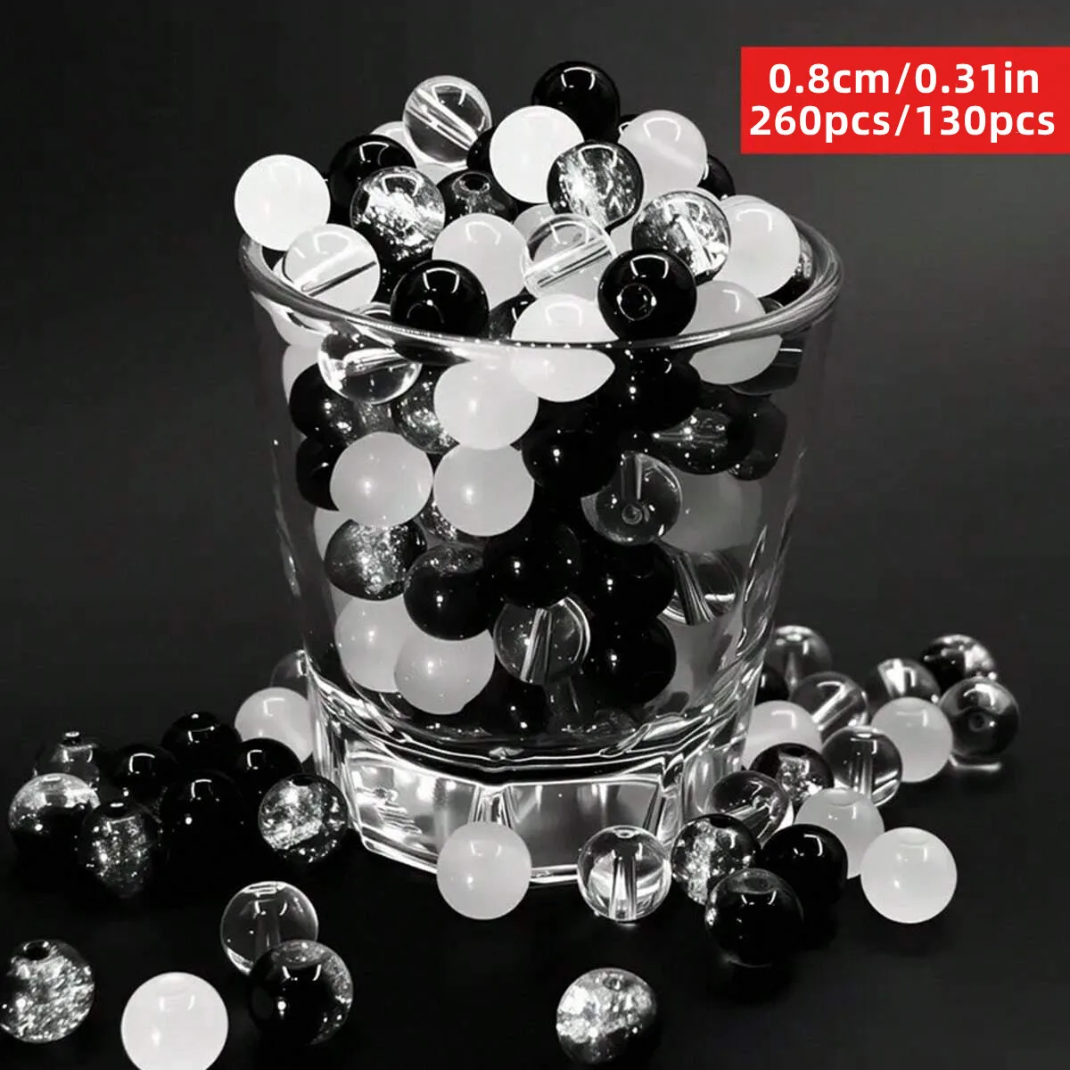 8mm 260/130 Stück Mattierte Acrylperlen in Schwarz, Weiß, mit AB-Beschichtung - Vielseitiger Mix für DIY Armbänder, Halsketten und Schmuck
