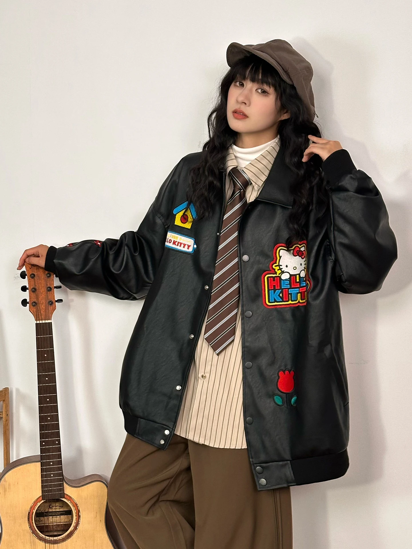 Original americano retro dos desenhos animados hellokit bordado couro jaet feminino solto topo rua sle couro do plutônio longo sve casaco