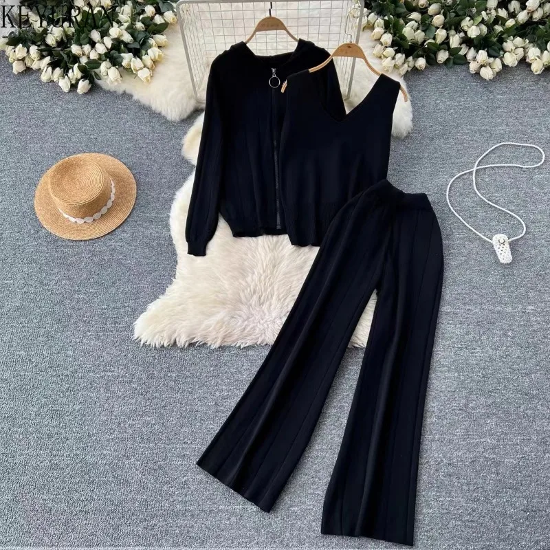 Autumn Winter Knitted 3 Piece Sets Women Korean Hooded Zipper Cardigan Sweater Coat + Sleeveless Tank Top + Wide Leg Pants Suits